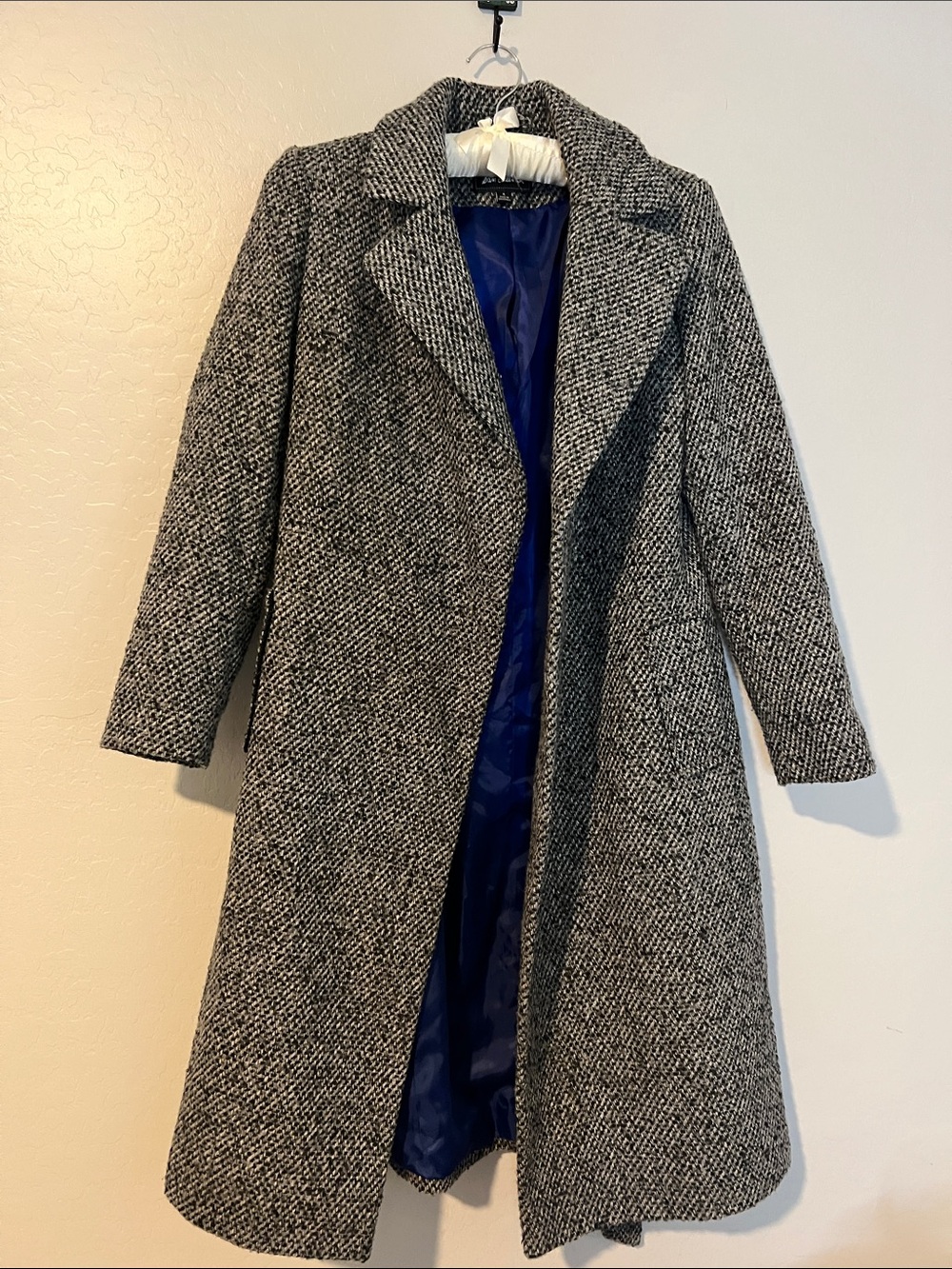 Sam Edelman Black & White Herringbone Long Coat with Blue Lining